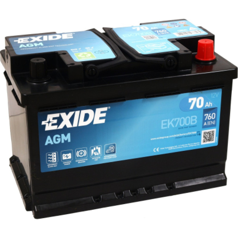 Exide - START-STOP AGM EK700B 12V 70Ah 760A(EN) 278x175x190 0/1 - 12V | 70A | 70Ah